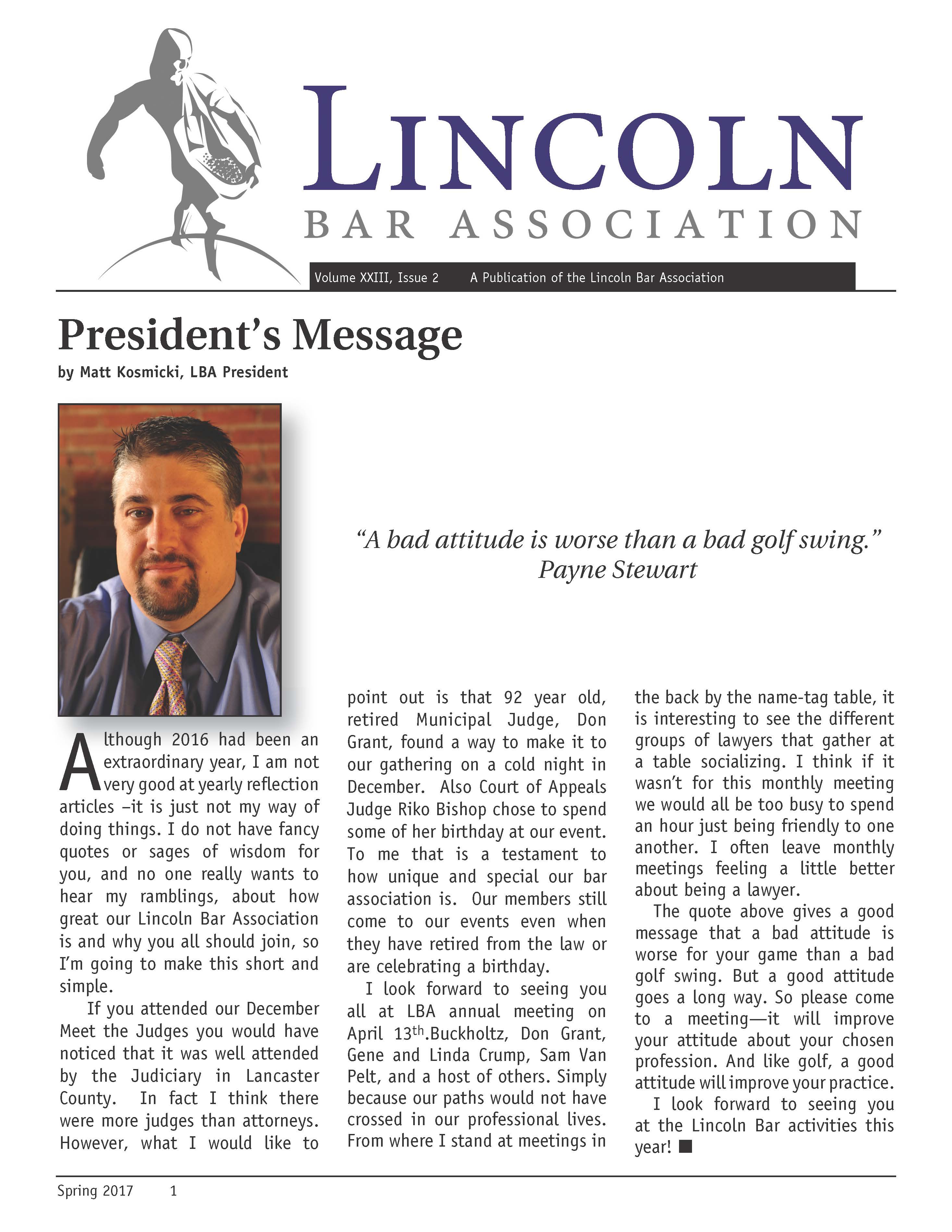 Lincoln Bar Associations Spring 2017 Newsletter Available 